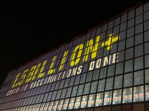India's 1.5 billion COVID-19 vaccine dose landmark displayed on the India Pavilion's facade at Expo 2020 Dubai on Saturday.