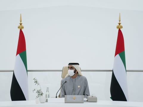  His Highness Sheikh Mohammed bin Rashid Al Maktoum, Vice-President and Prime Minister of the UAE and Ruler of Dubai, chairing on Friday the first UAE Cabinet meeting in 2022.