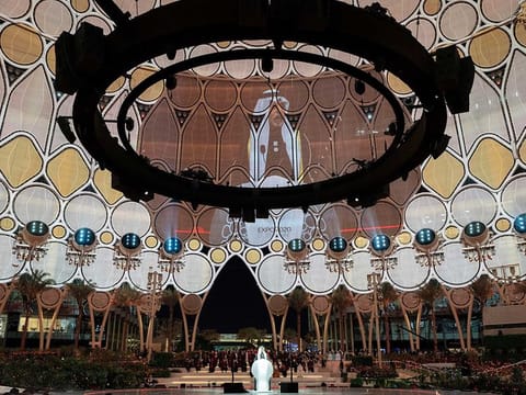 Sheikh Nahayan bin Mabarak Al Nahayan, Minister of Tolerance and Coexistence, addressing graduates of Canadian University Dubai at the convocation ceremony at Al Wasl Dome, Expo 2020 Dubai