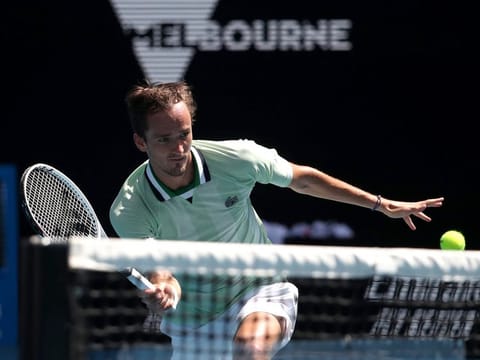 Strong start: Russia's Daniil Medvedev in action during his first round win over Switzerland's Henri Laaksonen on Tuesday. 