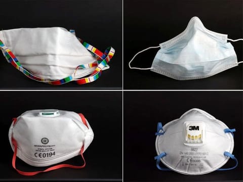 A combination of four images shows a surgical mask (top right), a self-made protective mask (top left), a FFP3 Respirator mask (bottom left) and a FFP2 Respirator mask (bottom right) in these illustrations. 