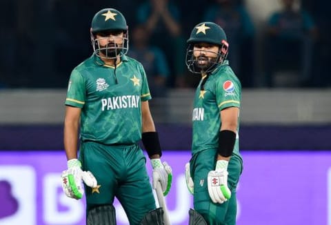 Pakistan openers Babar Azam and Mohammad Rizwan going strong in their match of the ICC T20 World Cup at the Dubai International Stadium.