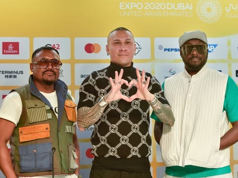 apl.de.ap, Taboo and will.i.am from Black Eyed Peas, during the press conference at Expo 2020, Dubai. 