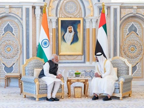 His Highness Shaikh Mohammad Bin Zayed Al  Nahyan, Crown Prince of  Abu Dhabi and Deputy  Supreme Commander of  the UAE Armed Forces,  received Indian Prime  Minister Narendra Modi at  Qasr Al Watan in Abu Dhabi  during his visit in 2019