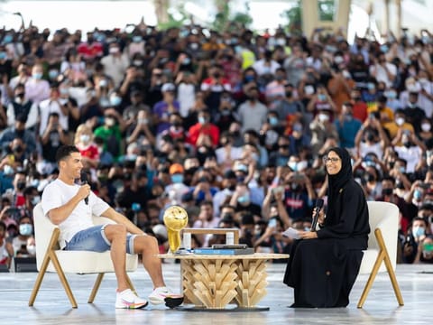 Cristiano Ronaldo, Portugal International and Manchester United forward footballer and Marjan Faraidooni, Chief Experience Officer, Expo 2020 at Al Wasl, Expo 2020 Dubai. 