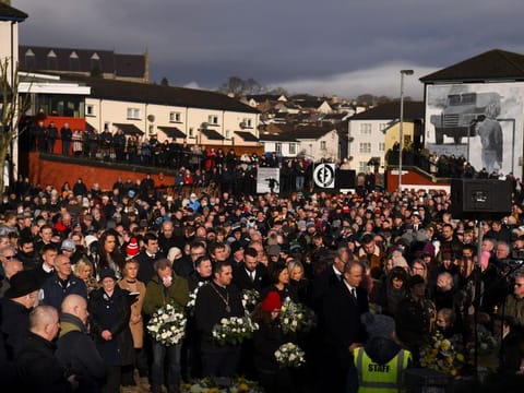 Sinn Fein President Mary Lou McDonald, Northern Ireland's Deputy First Minister Michelle O'Neill, Ireland's Prime Minister (Taoiseach) Micheal Martin and Ireland's Minister for Foreign Affairs Simon Coveney, attend a memorial service to mark the 50th anniversary of 'Bloody Sunday' in Londonderry, Northern Ireland, January 30, 2022. 