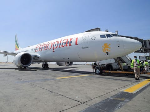 Ethiopian Airlines Boeing 737 Max 8 plane to take off on a demonstration trip to resume flights from the Bole International Airport in Addis Ababa, on February 1, 2022. 