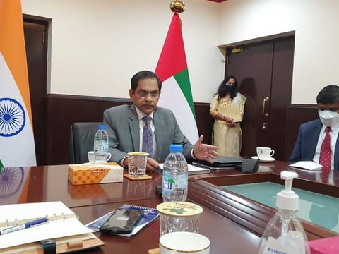 Sunjay Sudhir, India's Ambassador to the UAE, during the media briefing in Abu Dhabi today.