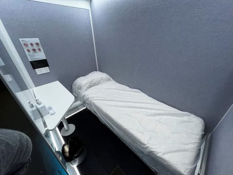 General view of the interior of a sleeping cabin placed in the 2022 Winter Olympics main media centre in Beijing.