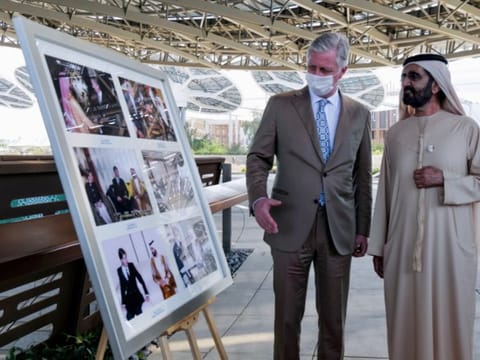 His Highness Sheikh Mohammed bin Rashid Al Maktoum with King Philippe of Belgium at Expo 2020 Dubai today. 
