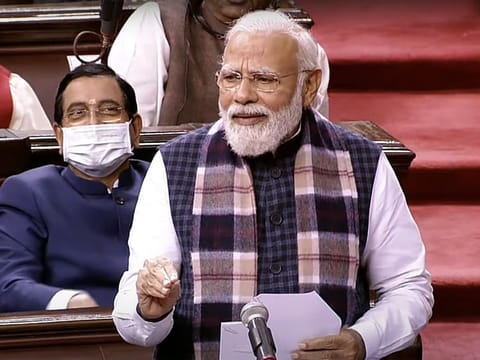 Prime Minister Narendra Modi during his speech in Rajya Sabha (Upper House of Parliament) in New Delhi on Tuesday. 