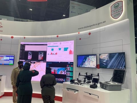 Dubai Police drones and other smart surveillance equipment on display at the MENA Transport Congress and Exhibition in Dubai today.  