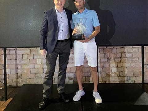 Bayhaan Lakdawala (right), winner of Dubai Creek Golf Club Championship, with club captain Max Burrow.