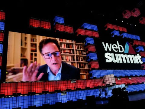 Nick Clegg participates remotely in the Web Summit, Europe's largest technology conference, in Lisbon, Portugal, November 2, 2021. 