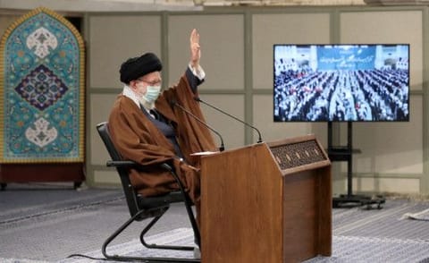 Iranian Supreme Leader Ayatollah Ali Khamenei gestures during the meeting via video conference with people from East Azarbaijan in Tehran, on February 17, 2022. 