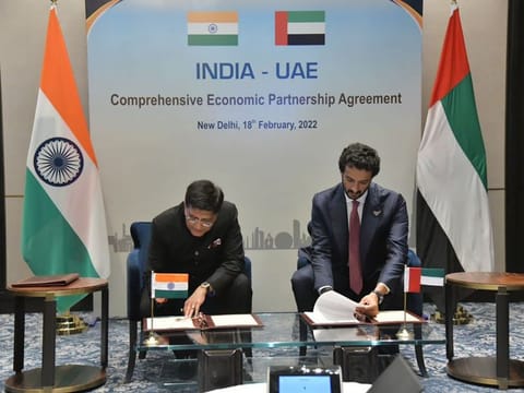  UAE Minister of Economy Abdulla bin Touq Al Marri and Piyush Goyal, Indian Minister of Textiles, Minister of Commerce and Industry and Minister of Consumer Affairs, Food and Public Distribution on the occasion of signing Comprehensive Economic Partnership Agreement between the two nations.