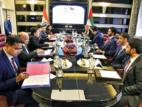 UAE delegation led by Minister of Economy, Abdulla bin Touq Al Marri and Minister of State for Foreign Trade Thani bin Ahmed Al Zeyoudi with Indian Minister of Commerce & Industry Piyush Goyal during the bilateral meeting. 