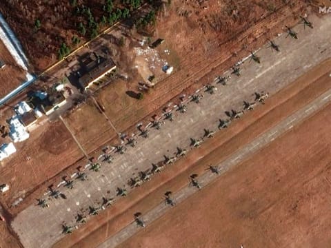 Satellite imagery provided by Maxar Technologies Su-25 ground attack aircraft (total of 32), helicopters, an S-400 air defence unit, ground force equipment and a UAV/drone unit are seen at Luninets airfield approximately 50km north of the border with Ukraine. 