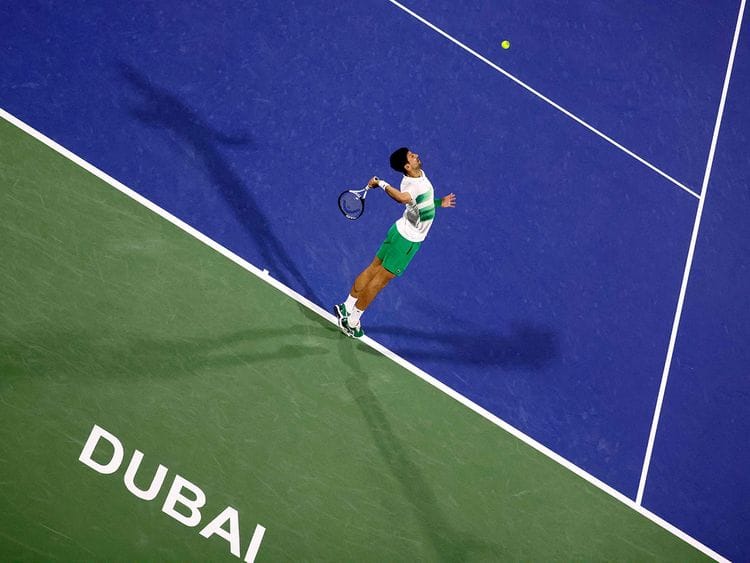 Novak Djokovic in action against Russian Karen Khachanov at the Dubai Duty Free Tennis Championships