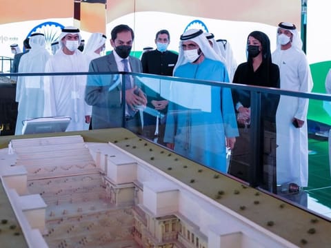 His Highness Sheikh Mohammed bin Rashid Al Maktoum during his tour of the India Pavilion at Expo 2020 Dubai today. 