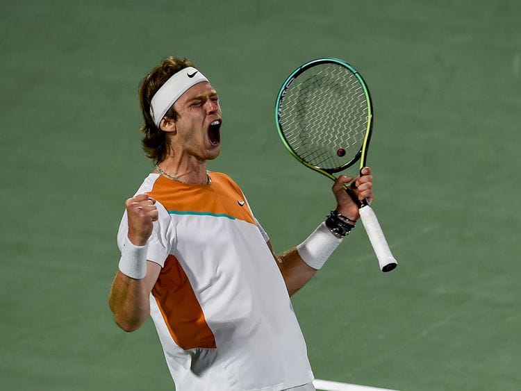 Andrey Rublev celebrates his semi-final win over Hubert Hurkacz at the Dubai Duty Free Tennis Championships. 