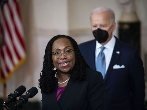 Ketanji Brown Jackson, nominee for associate justice of the U.S. Supreme Court, speaks during an announcement ceremony with U.S. President Joe Biden, right, at the White House in Washington, D.C., U.S., on Friday, Feb. 25, 2022. Jackson, 51, would be the first Black woman on the Supreme Court if confirmed and is a federal appeals court judge who once served as a public defender, a job no justice has ever held. 