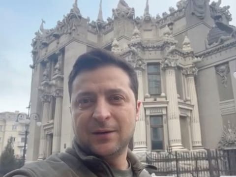Ukrainian President Volodymyr Zelensky addresses Ukrainians in Kyiv, Ukraine, on February 26, 2022 in this screengrab obtained from a social media video. 