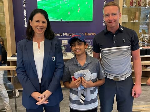 JGE captain Sheila McIlroy, Veer Reddy and Peter Cowen Academy pro Diarmaid Fraser 