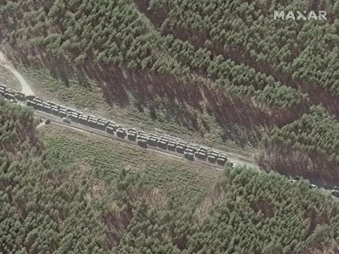 A satellite image shows northern end of convoy logistics and resupply vehicles, southeast of Ivankiv, Ukraine, February 28, 2022.