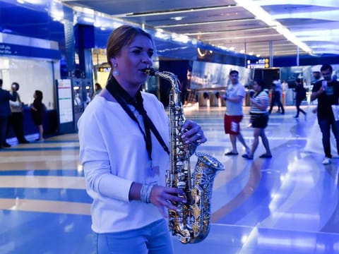 Artist Aksana Laukava performed at Bur Juman Metro station in Dubai as part of the Dubai Metro Music Festival in Dubai in 2019. 