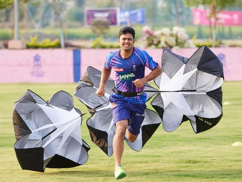 Riyan Parag, Rajasthan Royals allrounder, during a pre-season endurance training session for IPL 2022.