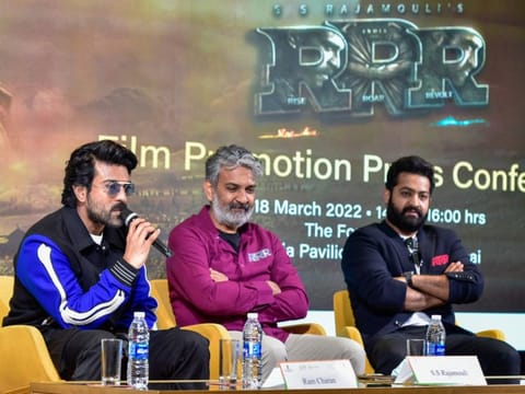 Ram Charan, director SS Rajamouli, and Jr NTR at India Pavilion at Expo 2020 Dubai.