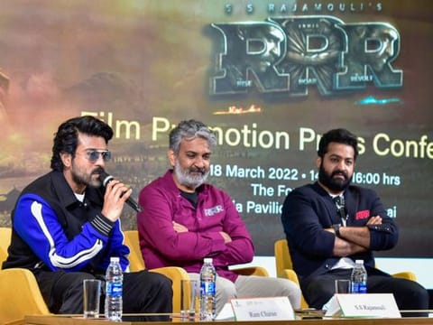 Ram Charan, director SS Rajamouli, and Jr NTR at India Pavilion at Expo 2020 Dubai.