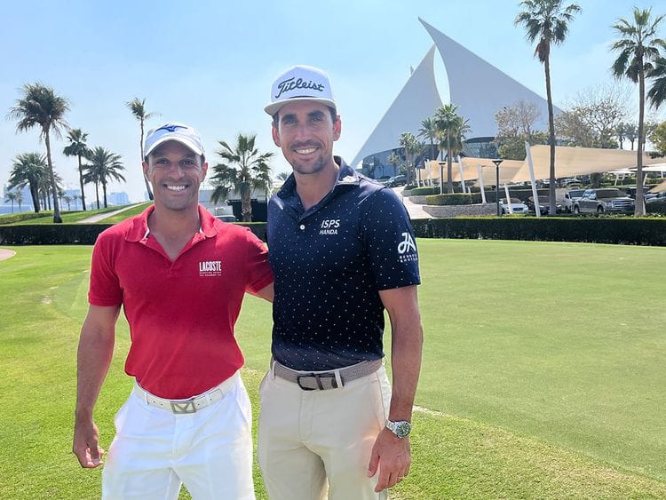 Ahmed Al Musharrekh with Dubai resident and DP World Tour player Rafa Cabrera Bello 