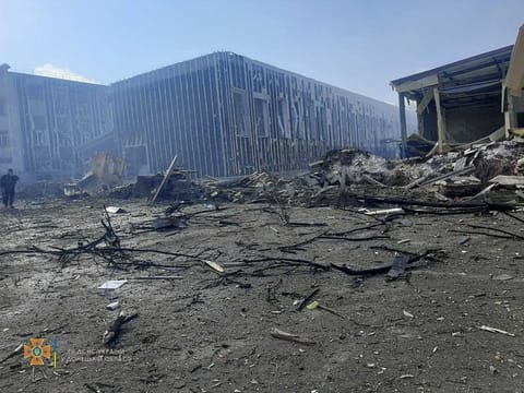 Buildings damaged by shelling in Kramatorsk, Ukraine, in this handout picture released March 19, 2022 as Russia's attack on Ukraine continues.  