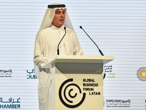 Abdul Aziz Al Ghurair, Chairman of Dubai Chamber. delivers the welcoming address at the Global Business Forum Latam in Dubai.