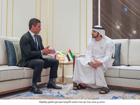 Dubai Crown Prince Sheikh Hamdan Bin Mohammed meets with Francis Suarez, the Mayor of the US city of Miami, at Expo 2020 Dubai on Thursday.
