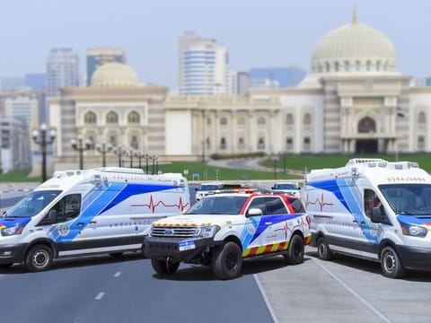 The four-wheel-drive ambulance (centre) is part of the new high-tech fleet and can traverse difficult terrain 
