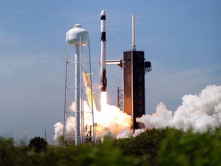 A SpaceX Falcon 9 rocket carrying the company's Crew Dragon spacecraft is launched on Axiom Mission 1 (Ax-1) to the International Space Station with Commander Michael López-Alegría of Spain, Pilot Larry Connor of the US, and Mission Specialists Eytan Stibbe of Israel, and Mark Pathy of Canada aboard, on April 8, 2022, at NASA’s Kennedy Space Center in Florida. 