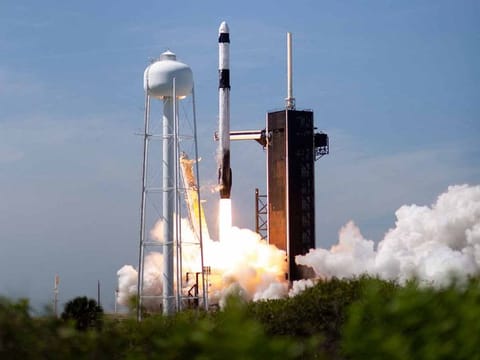 A SpaceX Falcon 9 rocket carrying the company's Crew Dragon spacecraft is launched on Axiom Mission 1 (Ax-1) to the International Space Station with Commander Michael López-Alegría of Spain, Pilot Larry Connor of the US, and Mission Specialists Eytan Stibbe of Israel, and Mark Pathy of Canada aboard, on April 8, 2022, at NASA’s Kennedy Space Center in Florida. 