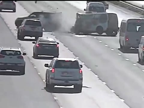 A video grab of an accident involving several vehicles in Abu Dhabi. The accident happened after an SUV stopped in the middle of the road.