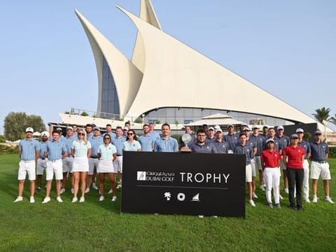 The Pros and Amateurs Teams parade for the Dubai Golf Trophy Team Photos prior to the first match this morning (Sunday) at Dubai Creek Golf & Yacht Club.