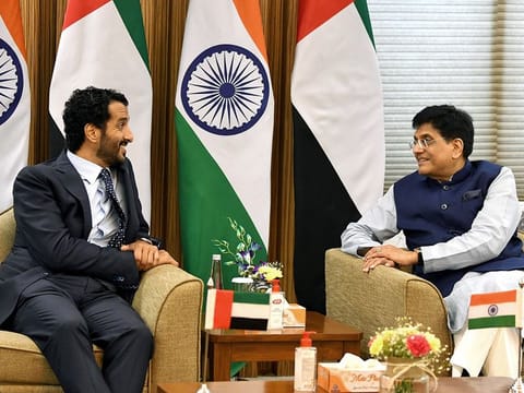Abdullah bin Touq Al Marri with India's Minister for Commerce and Industry Piyush Goyal in New Delhi. 