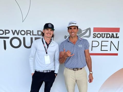 Rafa Cabrera Bello (right) with Canadian Instagram guru Mac Boucher on the sidelines of the Soudal Open on the DP World Tour in Belgium.