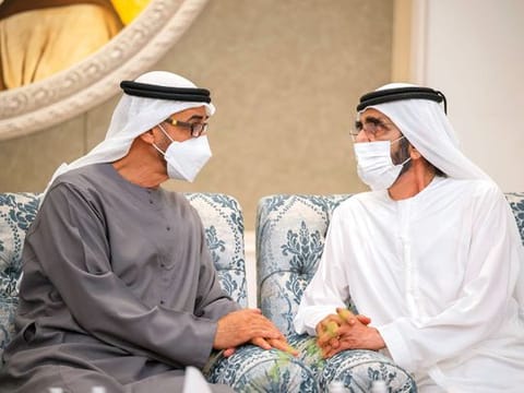 Sheikh Mohamed bin Zayed Al Nahyan with Sheikh Mohammed bin Rashid at  the Al Mushrif Palace in Abu Dhabi on Saturday. 