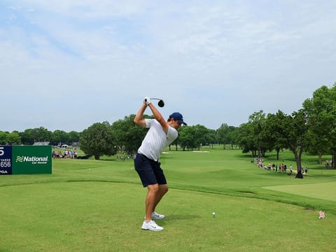 Scottie Scheffler of the United States, world No.1 and winner at the Masters last month, plays his shot from the fifth tee during a practice round prior to the start of the 2022 PGA Championship at Southern Hills Country Club  in Tulsa, Oklahoma.