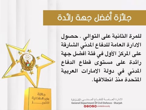  The General Directorate of Civil Defence in Sharjah maintained its run of excellence, winning the top position in the Ministry of Interior Awards for Excellence for the second year in a row since the launch of the awards in 2019.