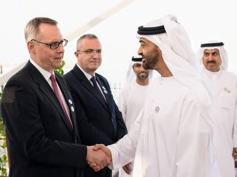 UAE President His Highness Shaikh Mohamed bin Zayed Al Nahyan with His Excellency Ernst Peter Fischer, Ambassador of the Federal Republic of Germany to the UAE.