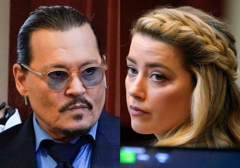 This combination of two separate photos shows actors Johnny Depp, left, and Amber Heard in the courtroom for closing arguments at the Fairfax County Circuit Courthouse in Fairfax, Va., on Friday, May 27, 2022. 