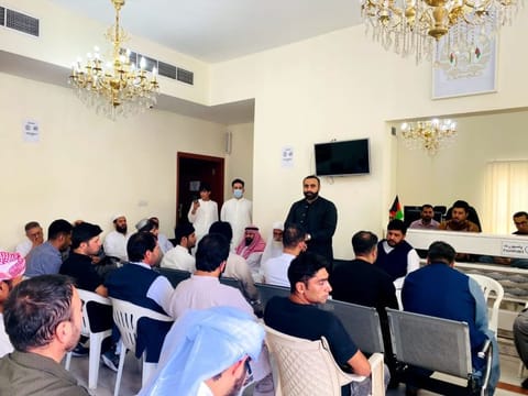 Afghan Consul General Masood Ahmad Azizi talking to community members during the special prayers held at the consulate in Dubai for earthquake victims. 